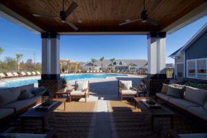 Outdoor cabana with view of pool